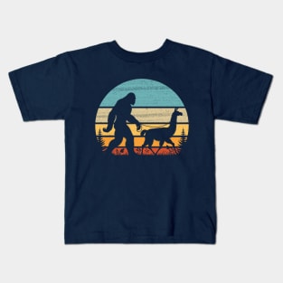 Bigfoot Walking Llama Vintage Retro Sunset Sasquatch Kids T-Shirt